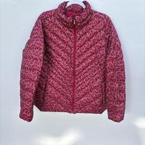 Lands End Puffer Jacket Womens L Red Floral Lightweight Outdoors
